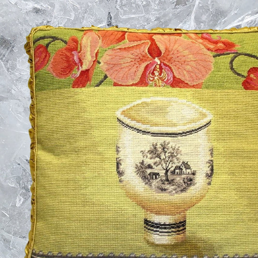 Handmade Wool Needlepoint Pillow Cover - Decorative Throw Cushion Cover - Vintage Floral Embroidery Design  Kathryn White Design L
