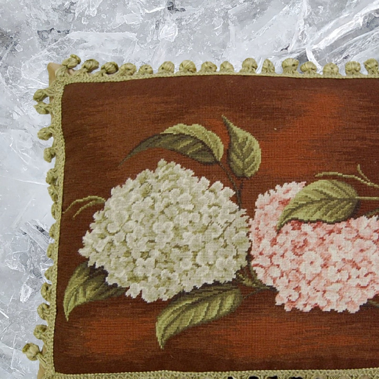 Handmade Wool Needlepoint Pillow Cover - Decorative Throw Cushion Cover - Vintage Floral Embroidery Design  brown background pink & green hydrangea with tassels