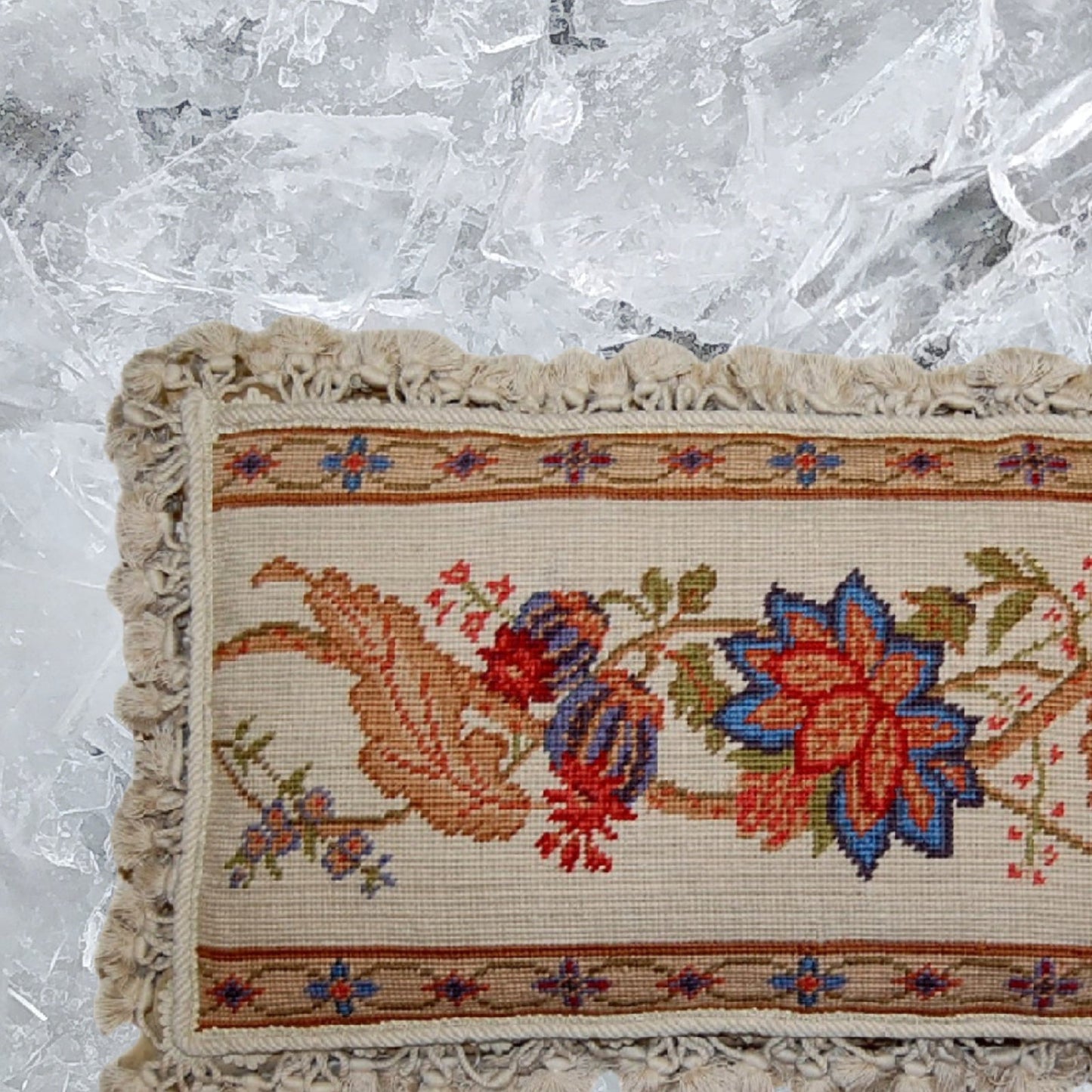 Handmade Wool Needlepoint Pillow Cover - Decorative Throw Cushion Cover - Vintage Floral Embroidery Design ginger flowers with nature tassels