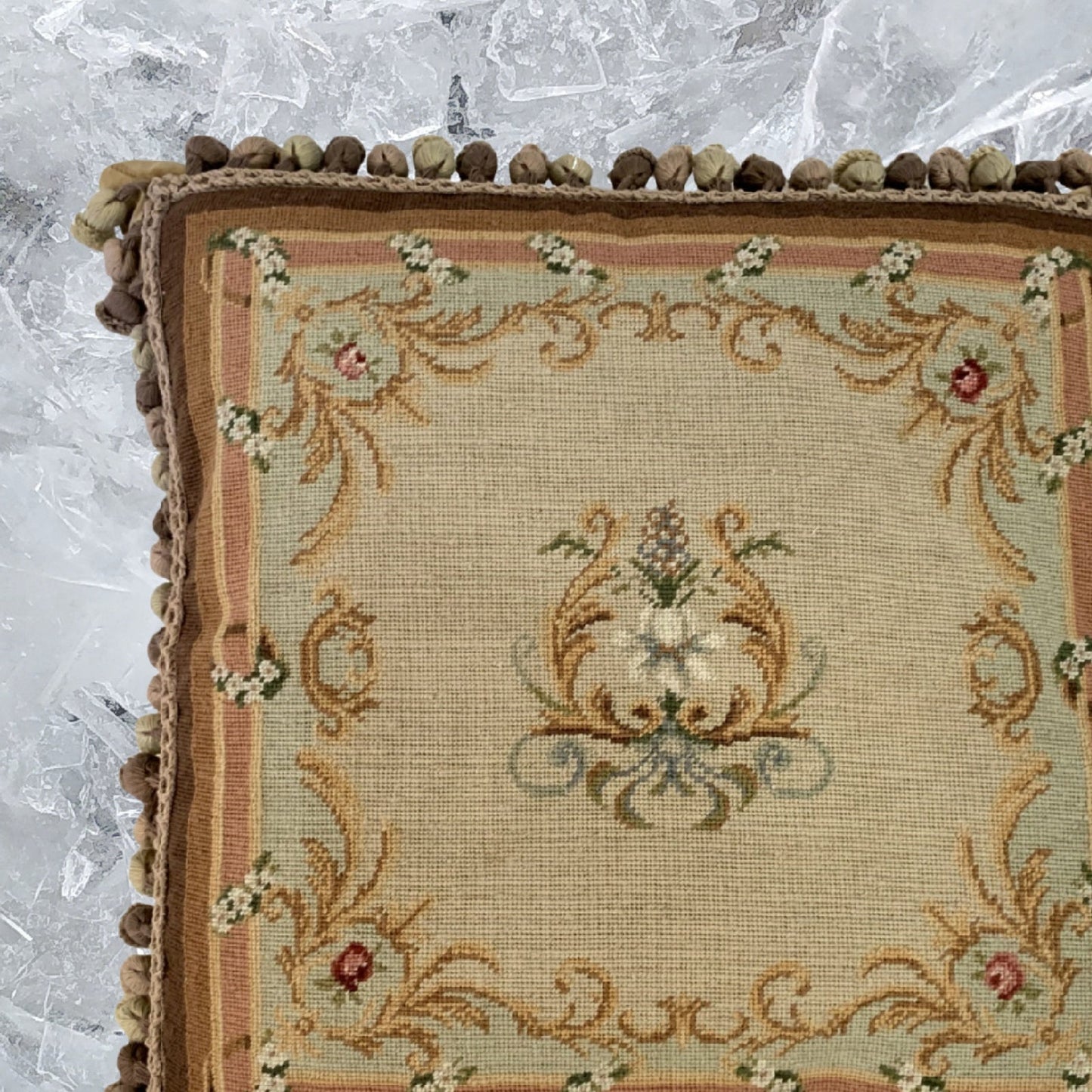 Handmade Wool Needlepoint Pillow Cover - Decorative Throw Cushion Cover - Vintage Floral Embroidery Design  yellow harp floral with 3 color tassel