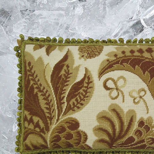 Handmade Wool Needlepoint Pillow Cover - Decorative Throw Cushion Cover - Vintage Floral Embroidery Design olive tropical leaves ivory background with tassels