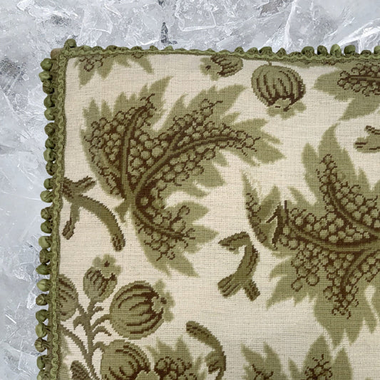 Handmade Wool Needlepoint Pillow Cover - Decorative Throw Cushion Cover - Vintage Floral Embroidery Design olive grapes leaves ivory background with tassels