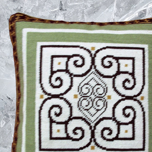 Handmade Wool Needlepoint Pillow Cover - Decorative Throw Cushion Cover - Vintage Floral Embroidery Design tapestry heartscroll design green/brown
