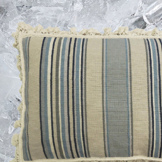 Handmade Wool Needlepoint Pillow Cover - Decorative Throw Cushion Cover - Vintage Floral Embroidery Design strips in blue/sand/navy/ivory with tassels