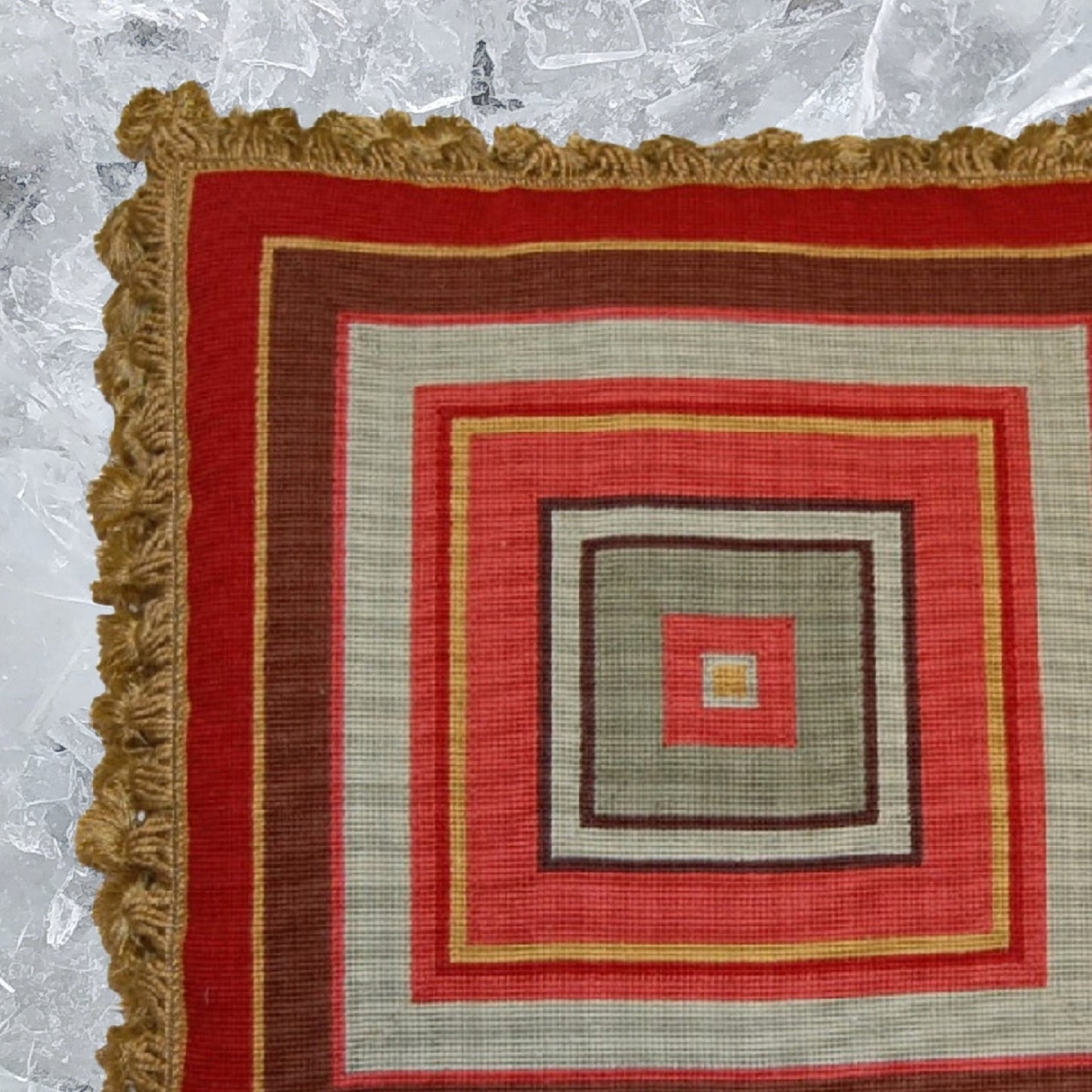 Handmade Wool Needlepoint Pillow Cover - Decorative Throw Cushion Cover - Vintage Floral Embroidery Design square in red, brown, green with golden tassels