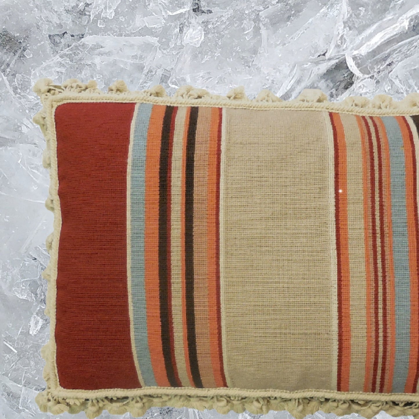 Handmade Wool Needlepoint Pillow Cover - Decorative Throw Cushion Cover - Vintage Floral Embroidery Design strips in red, blue, brown, sand, orange with tassels