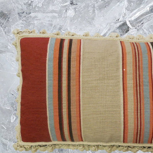 Handmade Wool Needlepoint Pillow Cover - Decorative Throw Cushion Cover - Vintage Floral Embroidery Design strips in red, blue, brown, sand, orange with tassels