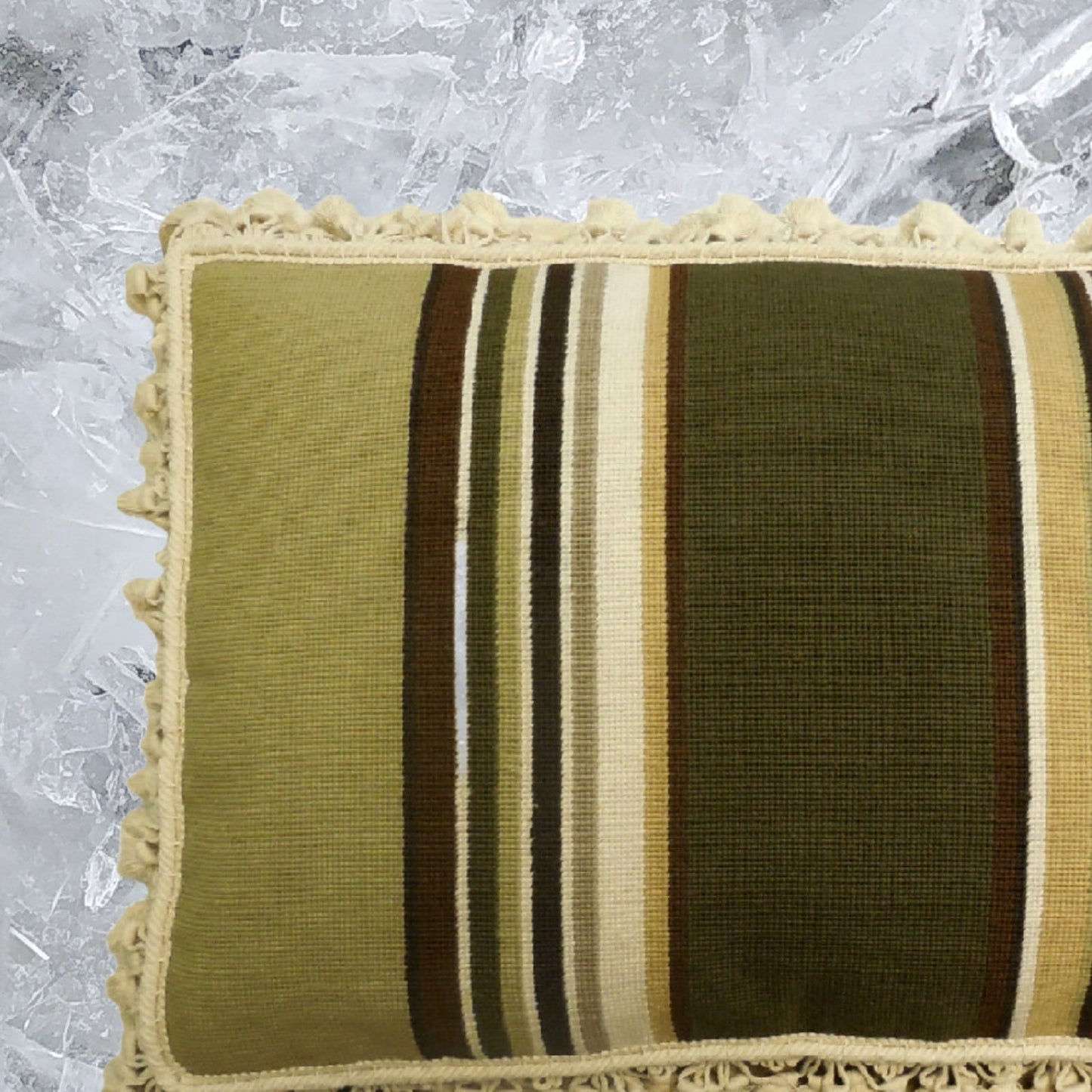 Handmade Wool Needlepoint Pillow Cover - Decorative Throw Cushion Cover - Vintage Floral Embroidery Design strips in green, brown, ivory with tassels