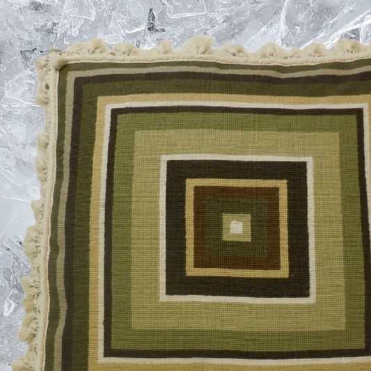 Handmade Wool Needlepoint Pillow Cover - Decorative Throw Cushion Cover - Vintage Floral Embroidery Design square in green/brown/ivory/yellow with tassels