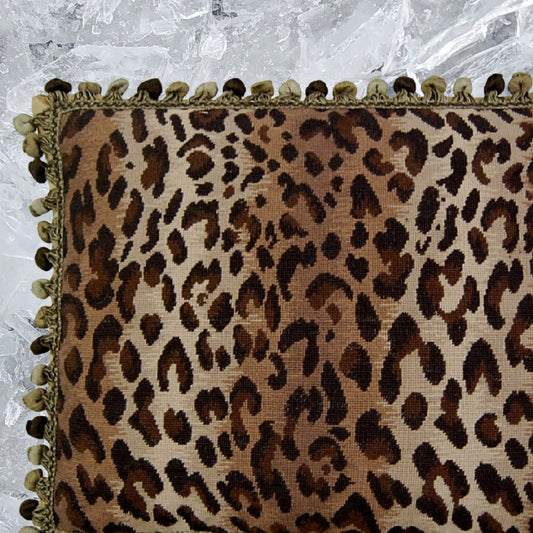 Handmade Wool Needlepoint Pillow Cover - Decorative Throw Cushion Cover - Vintage Floral Embroidery Design  leopard animal print with 3 color tassel