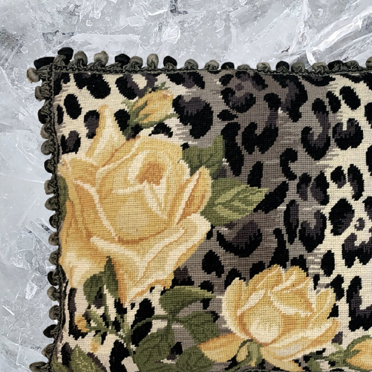 Handmade Wool Needlepoint Pillow Cover - Decorative Throw Cushion Cover - Vintage Floral Embroidery Design B/W leopard print yellow rose with 3 color tassel
