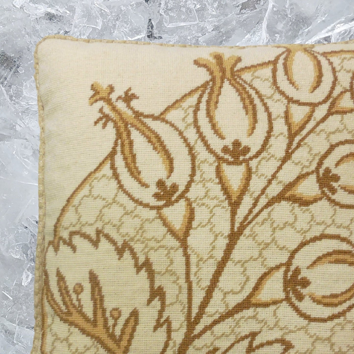 Handmade Wool Needlepoint Pillow Cover - Decorative Throw Cushion Cover - Vintage Floral Embroidery Design brown/yellow big leaves/Flowers checker cording