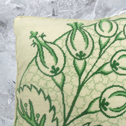 Handmade Wool Needlepoint Pillow Cover - Decorative Throw Cushion Cover - Vintage Floral Embroidery Design green big leaves/flowers checker cording