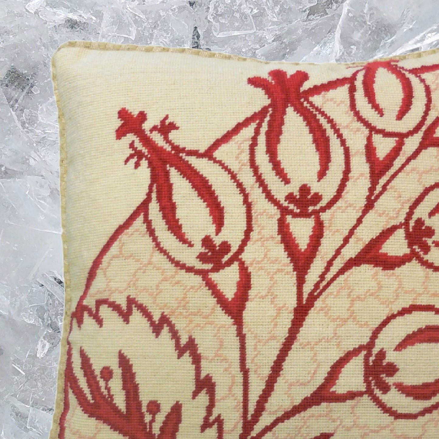 Handmade Wool Needlepoint Pillow Cover - Decorative Throw Cushion Cover - Vintage Floral Embroidery Design red big leaves/flowers checker cording