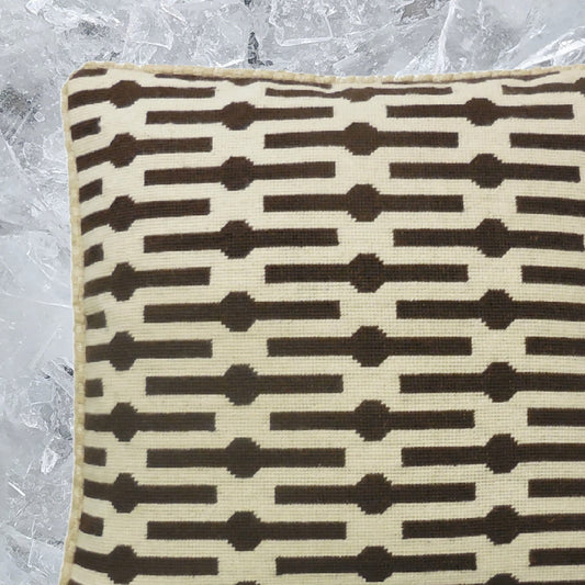 Handmade Wool Needlepoint Pillow Cover - Decorative Throw Cushion Cover - Vintage Floral Embroidery Design brown lines checkers cording