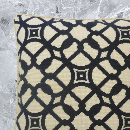 Handmade Wool Needlepoint Pillow Cover - Decorative Throw Cushion Cover - Vintage Floral Embroidery Design navy blue window designs checker cording