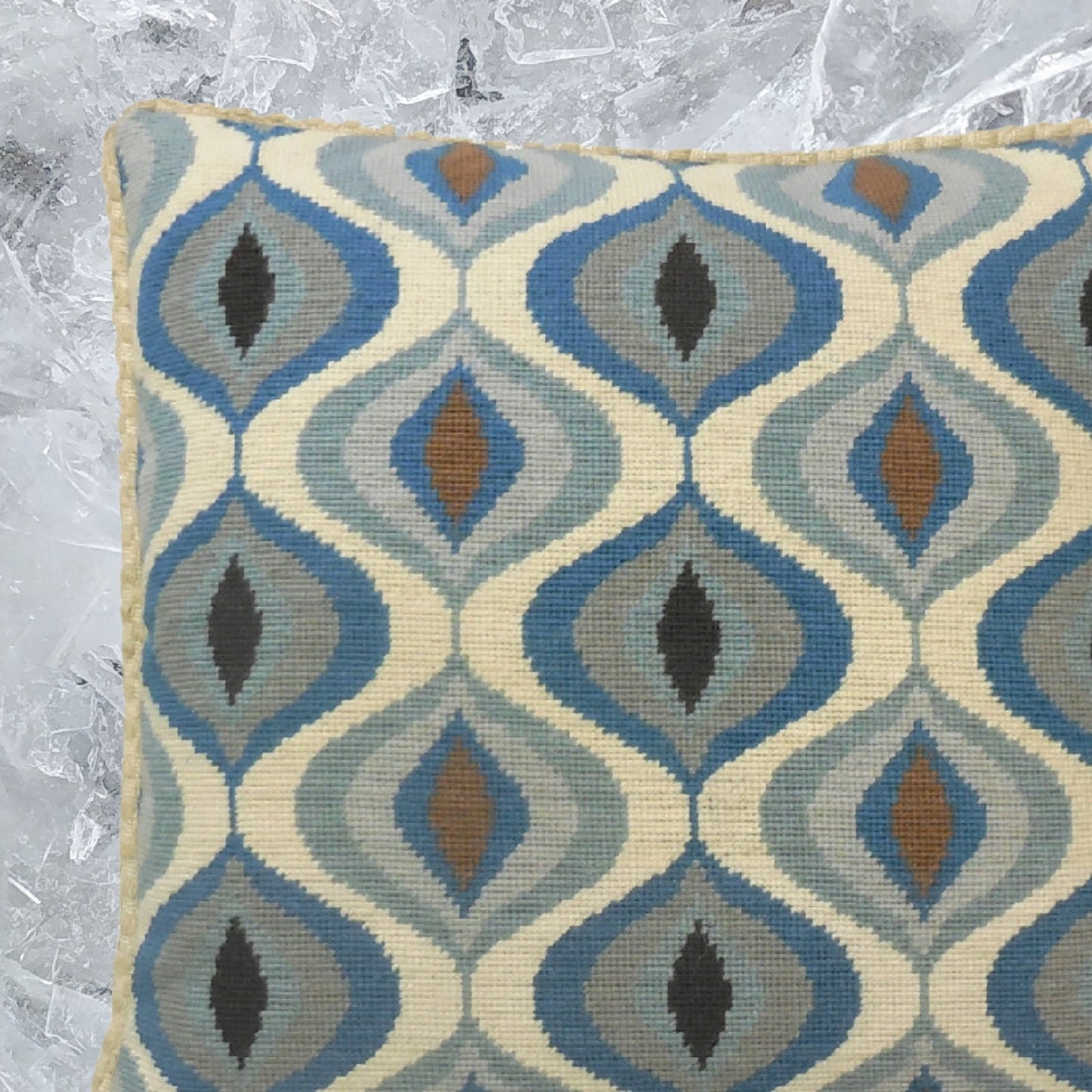 Handmade Wool Needlepoint Pillow Cover - Decorative Throw Cushion Cover - Vintage Floral Embroidery Design blue water drop pattern checker cording