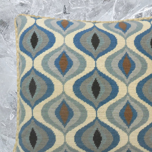 Handmade Wool Needlepoint Pillow Cover - Decorative Throw Cushion Cover - Vintage Floral Embroidery Design blue water drop pattern checker cording