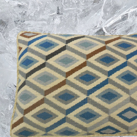 Handmade Wool Needlepoint Pillow Cover - Decorative Throw Cushion Cover - Vintage Floral Embroidery Design blue-gray-brown 3D square checker cording