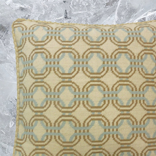 Handmade Wool Needlepoint Pillow Cover - Decorative Throw Cushion Cover - Vintage Floral Embroidery Design chain circle light blue/mustard yellow checker cording