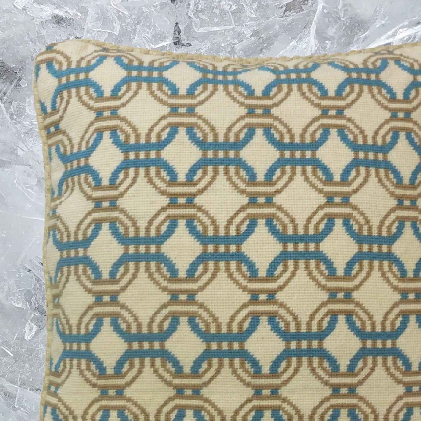 Handmade Wool Needlepoint Pillow Cover - Decorative Throw Cushion Cover - Vintage Floral Embroidery Design chain circle lake blue/mustard yellow checker cording