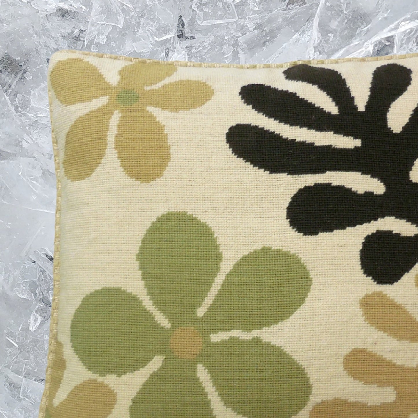 Handmade Wool Needlepoint Pillow Cover - Decorative Throw Cushion Cover - Vintage Floral Embroidery Design abstract flower checker cording I