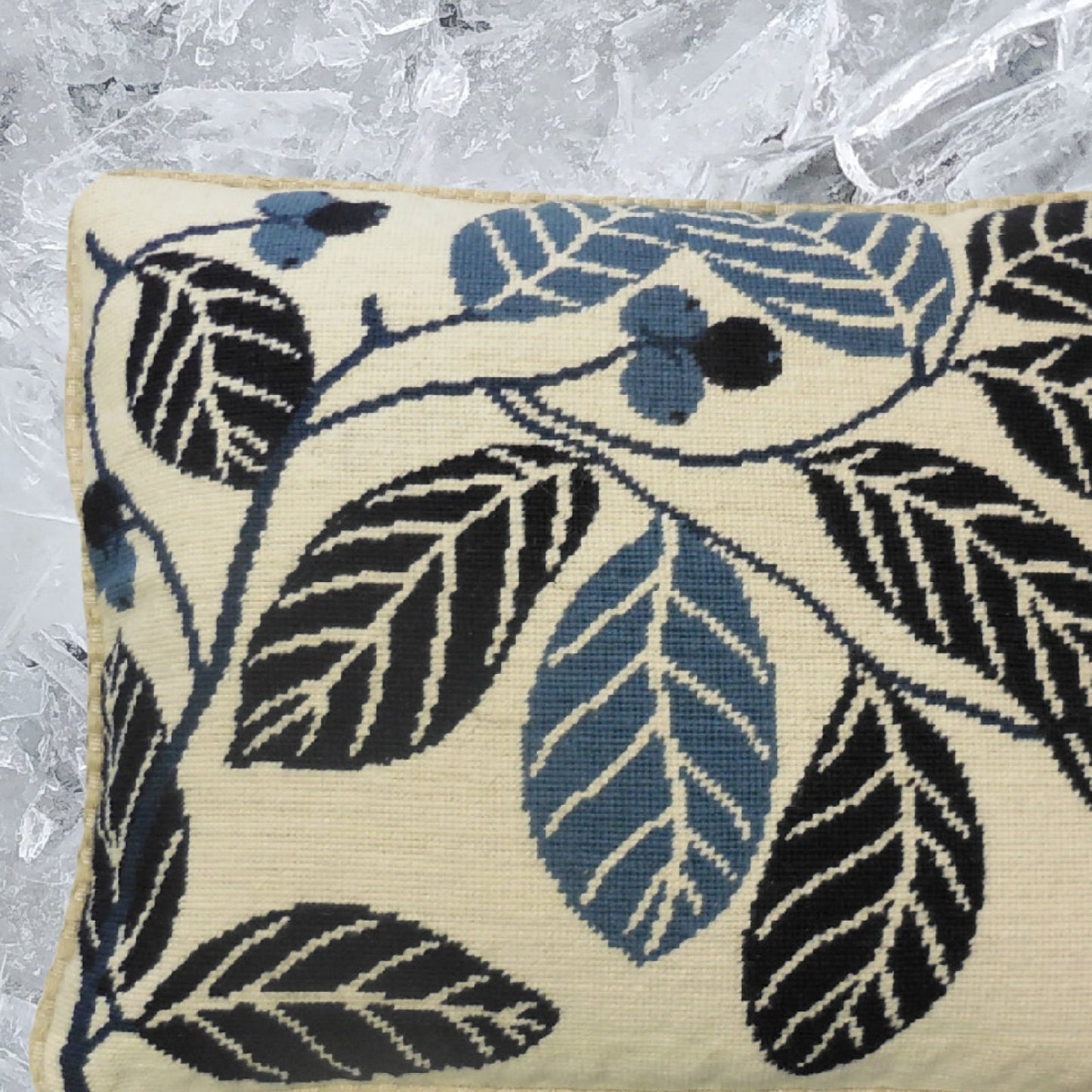 Handmade Wool Needlepoint Pillow Cover - Decorative Throw Cushion Cover - Vintage Floral Embroidery Design blue cherry checker cording