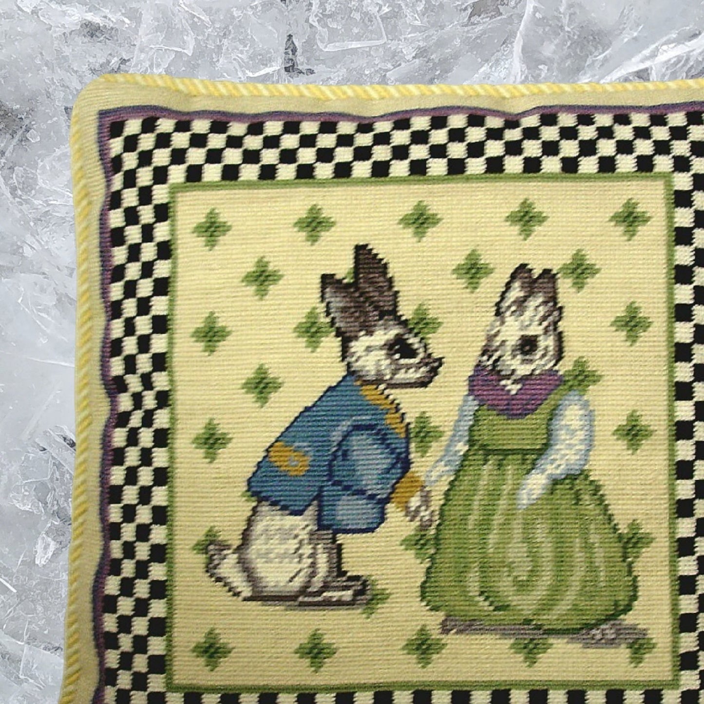 Handmade Wool Needlepoint Pillow Cover - Decorative Throw Cushion Cover - Vintage Floral Embroidery Design 2 rabit baby black white check nature & cream cording