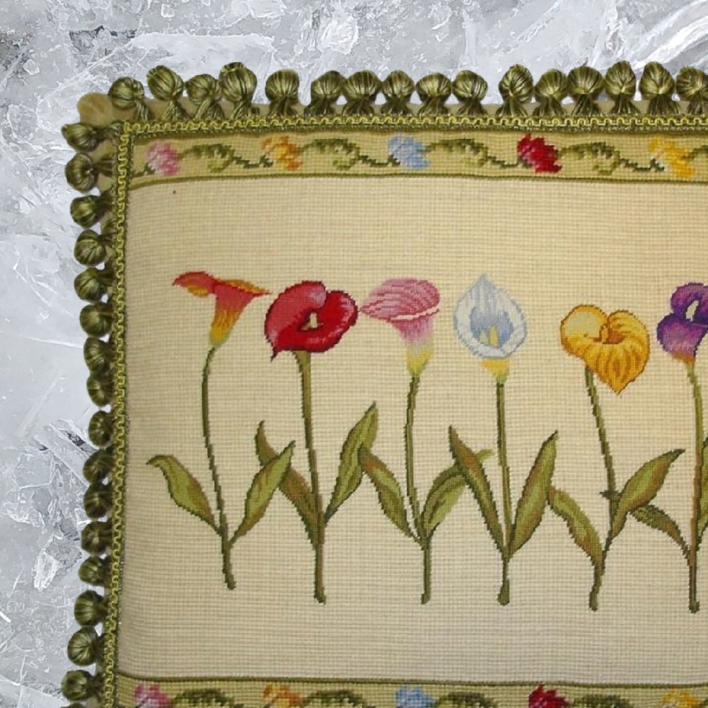 Handmade Wool Needlepoint Pillow Cover - Decorative Throw Cushion Cover - Vintage Floral Embroidery Design  with 2 color tassel I