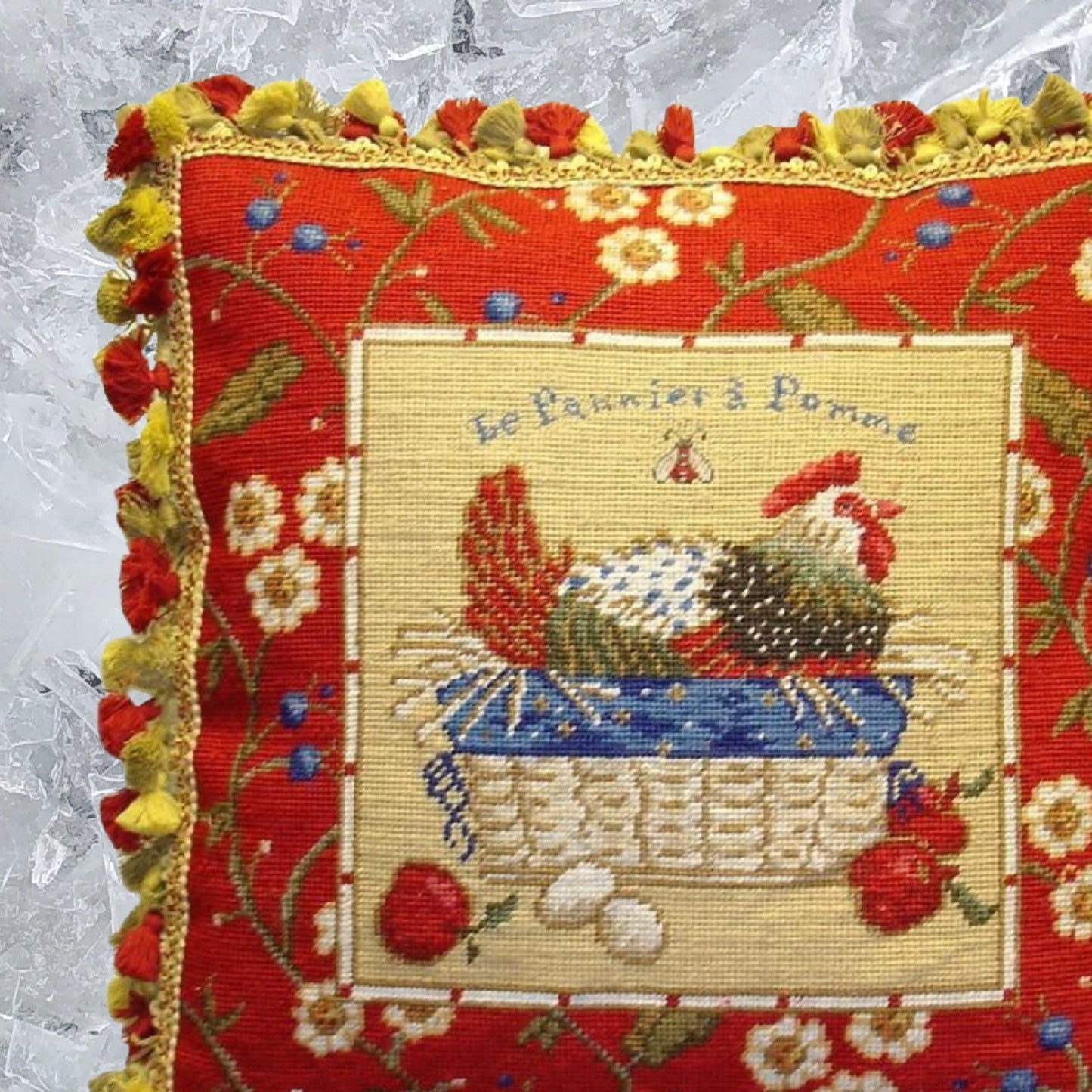 Handmade Wool Needlepoint Pillow Cover - Decorative Throw Cushion Cover - Vintage Floral Embroidery Design SudiMcCollums design Le Panier a Pomme, with  bea and 3 color tassel