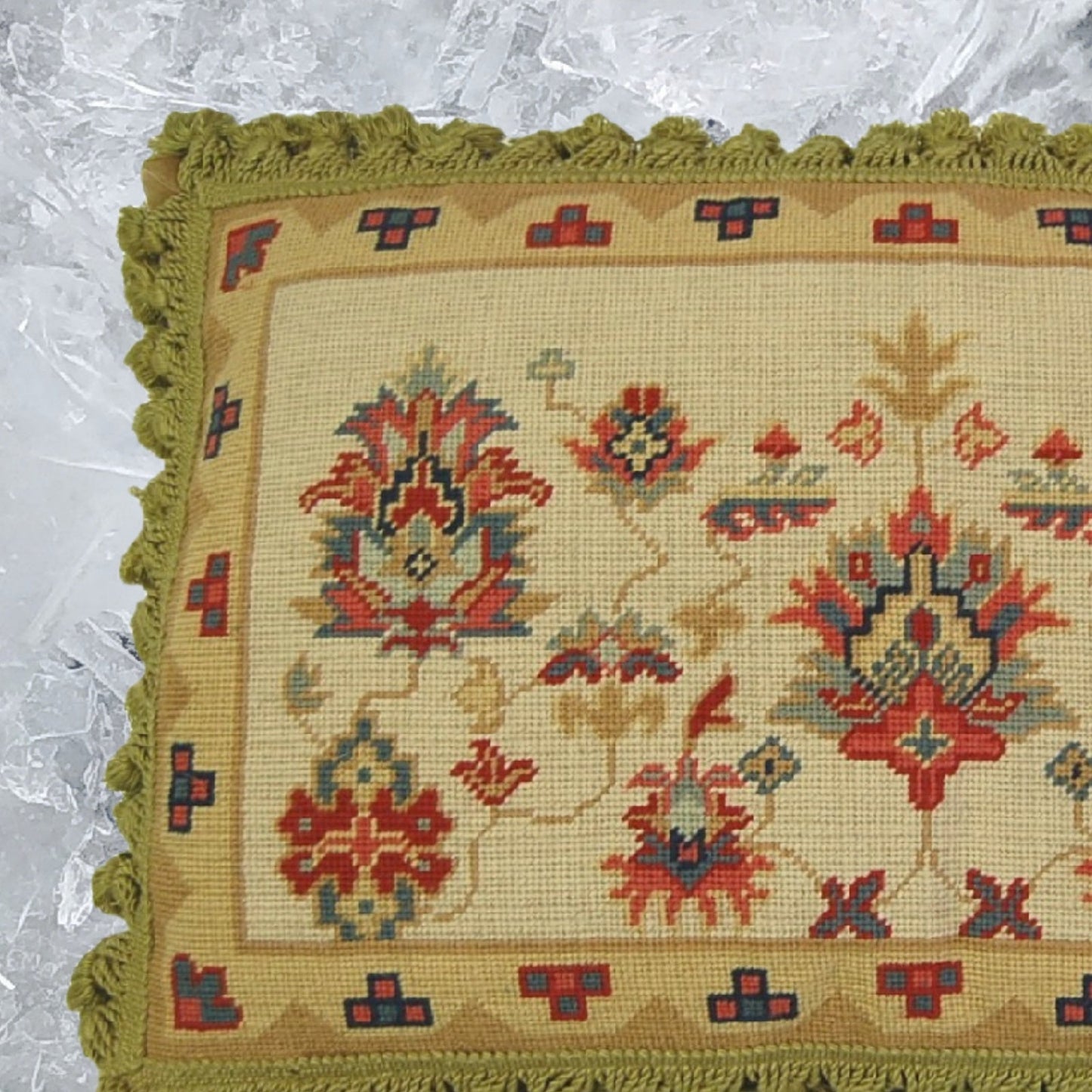 Handmade Wool Needlepoint Pillow Cover - Decorative Throw Cushion Cover - Vintage Floral Embroidery Design Turkish gold/red designs with gold tassels I