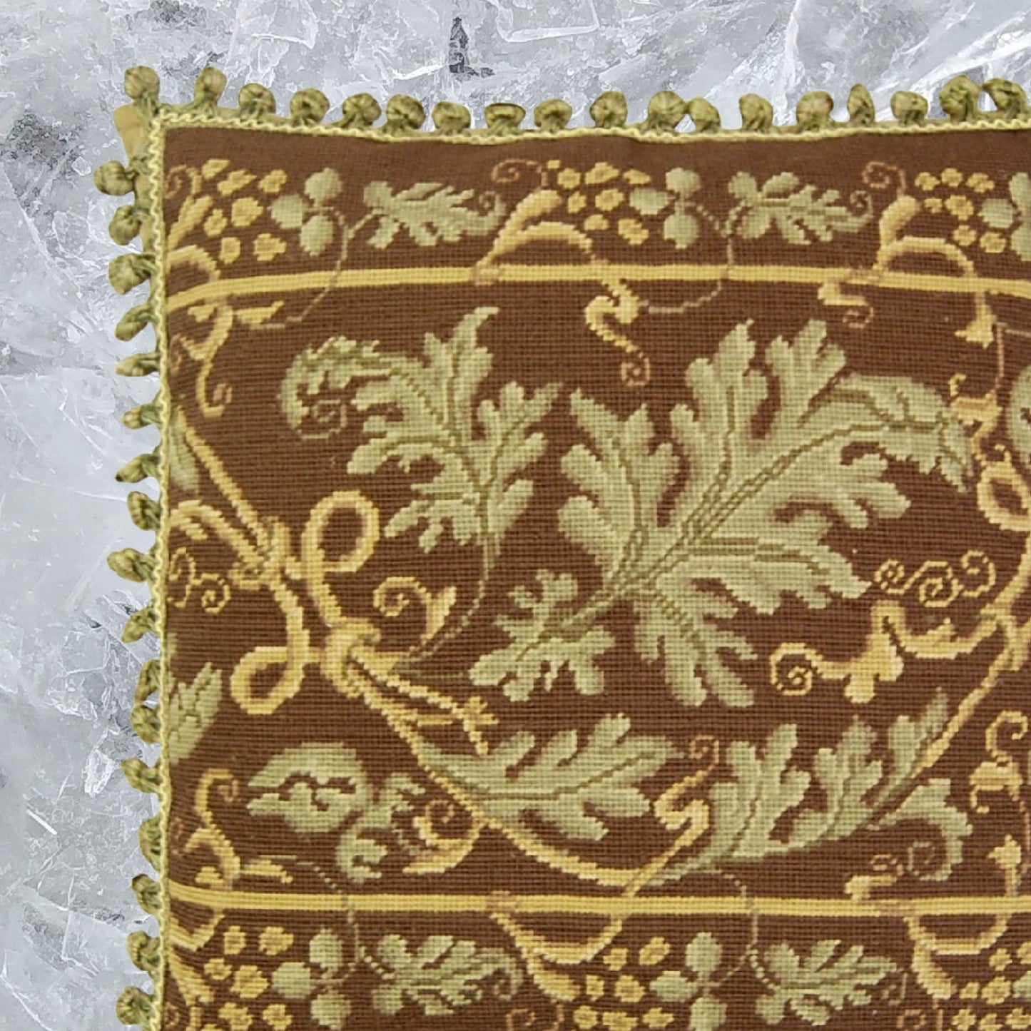 Handmade Wool Needlepoint Pillow Cover - Decorative Throw Cushion Cover - Vintage Floral Embroidery Design olive-brown grapes leave with 2 color tassels