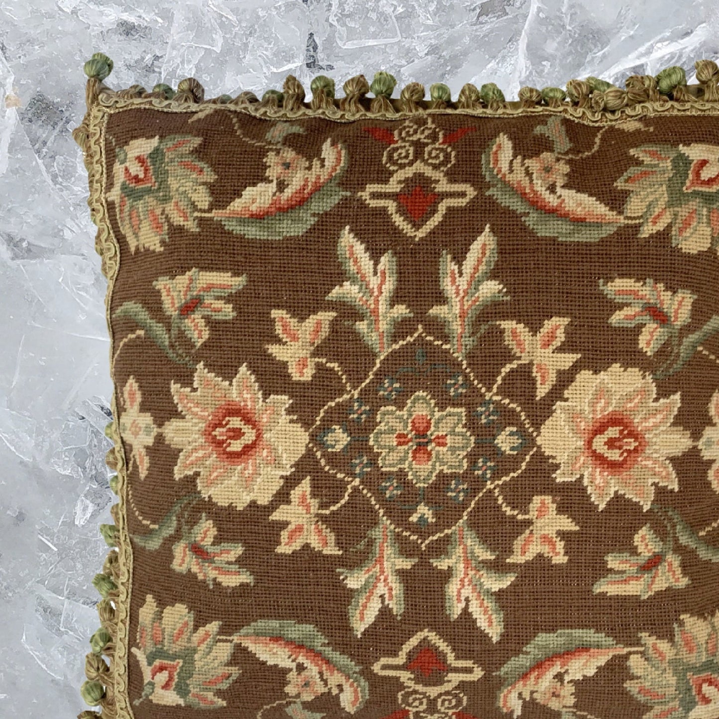 Handmade Wool Needlepoint Pillow Cover - Decorative Throw Cushion Cover - Vintage Floral Embroidery Designmilk chocolate background 3 small flower center with tassels