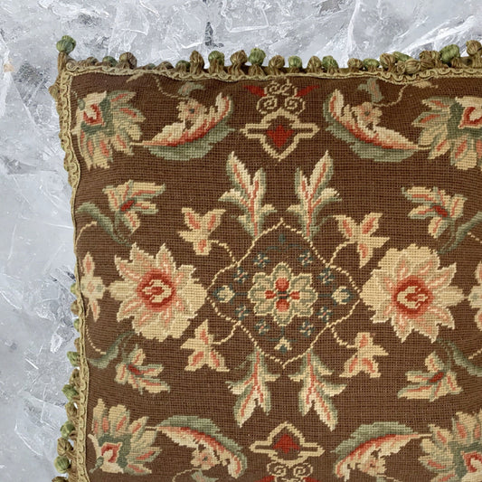 Handmade Wool Needlepoint Pillow Cover - Decorative Throw Cushion Cover - Vintage Floral Embroidery Designmilk chocolate background 3 small flower center with tassels