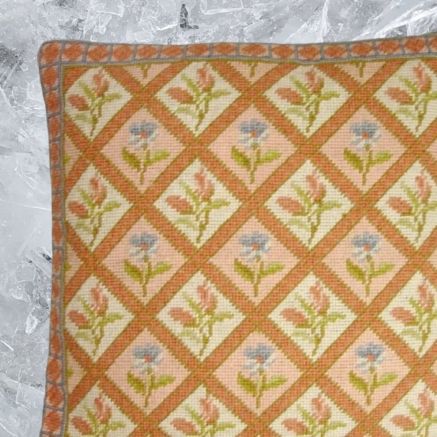 Handmade Wool Needlepoint Pillow Cover - Decorative Throw Cushion Cover - Vintage Floral Embroidery Design IVV