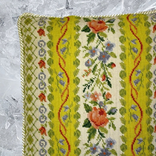 Handmade Wool Needlepoint Pillow Cover - Decorative Throw Cushion Cover - Vintage Floral Embroidery Design All check & flower with ivory cording