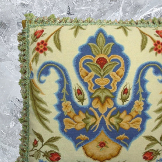 Handmade Wool Needlepoint Pillow Cover - Decorative Throw Cushion Cover - Vintage Floral Embroidery Design  blue tulip red roses with tassels