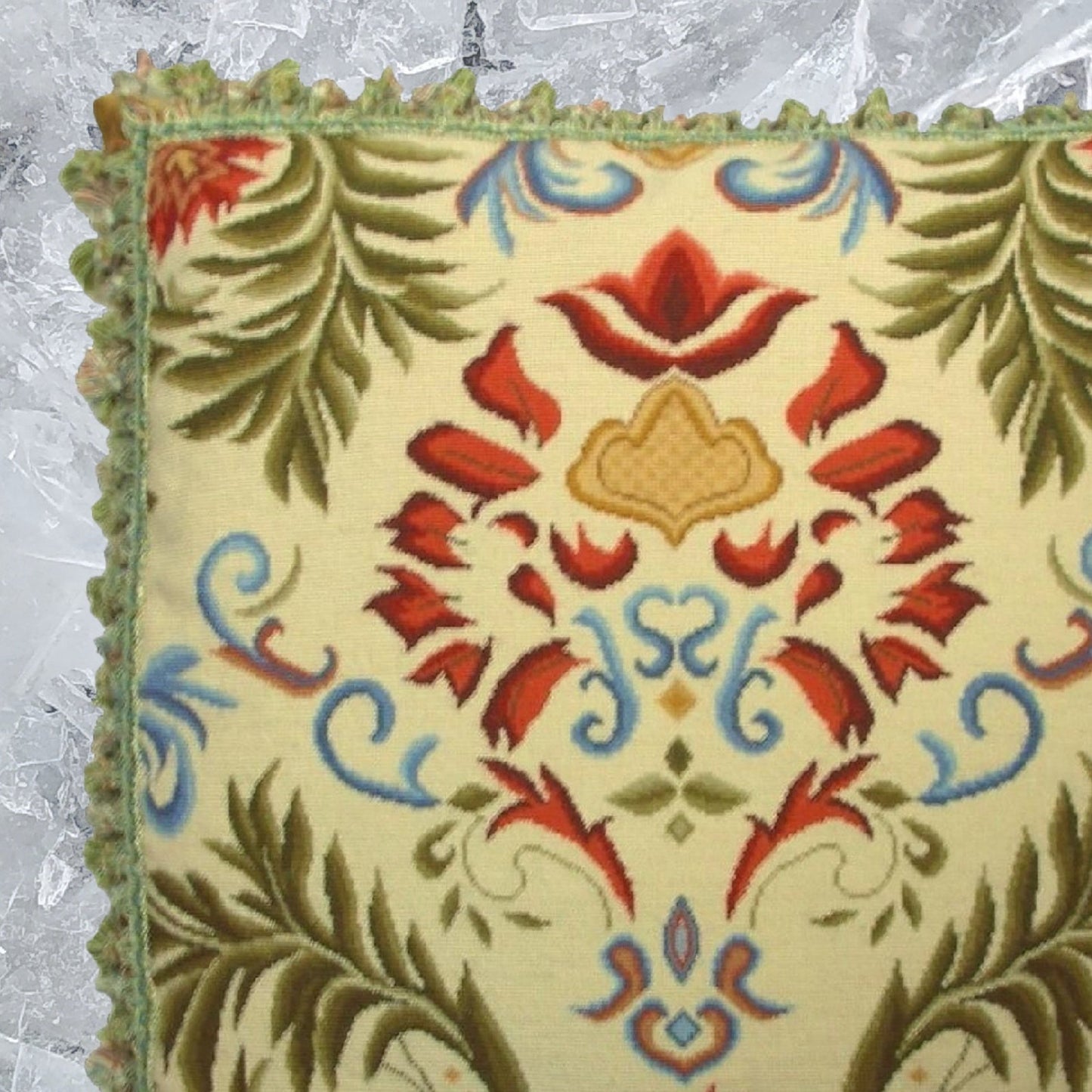 Handmade Wool Needlepoint Pillow Cover - Decorative Throw Cushion Cover - Vintage Floral Embroidery Design  red tulip green leaves with tassels