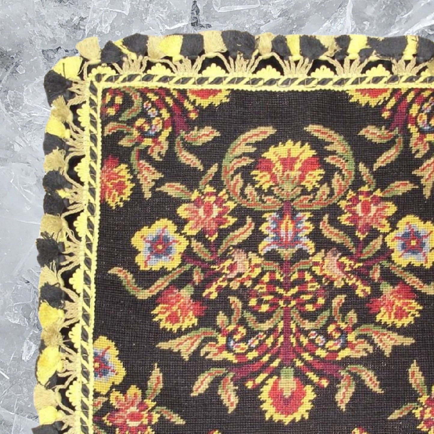 Handmade Wool Needlepoint Pillow Cover - Decorative Throw Cushion Cover - Vintage Floral Embroidery Design William Morris design black background 2 color tassel