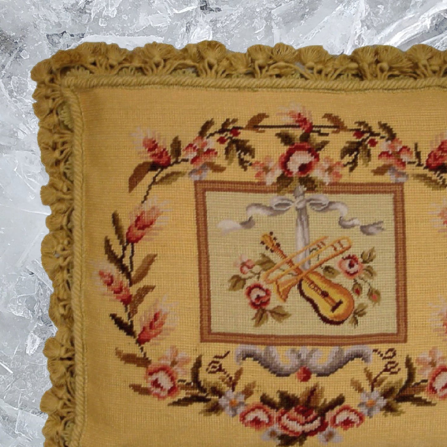 Handmade Wool Needlepoint Pillow Cover - Decorative Throw Cushion Cover - Vintage Floral Embroidery Design  Violin background