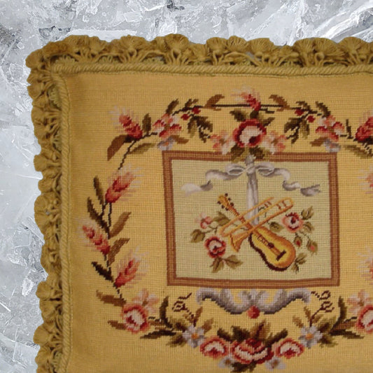 Handmade Wool Needlepoint Pillow Cover - Decorative Throw Cushion Cover - Vintage Floral Embroidery Design  Violin background