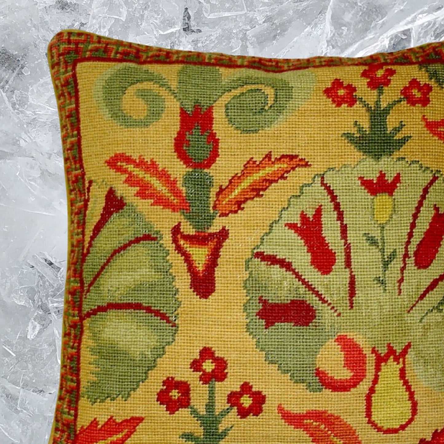 Handmade Wool Needlepoint Pillow Cover - Decorative Throw Cushion Cover - Vintage Floral Embroidery Design leaves in shade of rich gold, red, green