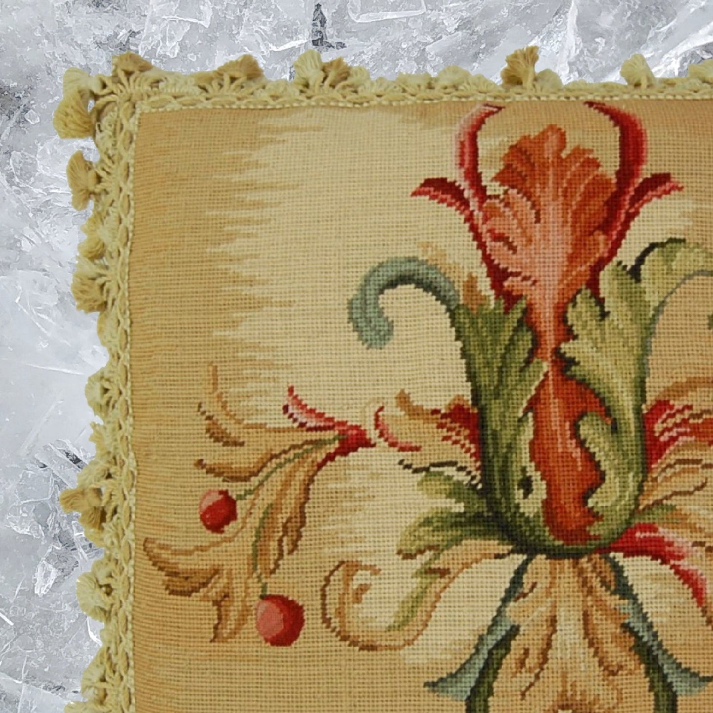 Handmade Wool Needlepoint Pillow Cover - Decorative Throw Cushion Cover - Vintage Floral Embroidery Design  Wheat blooming single with tassels