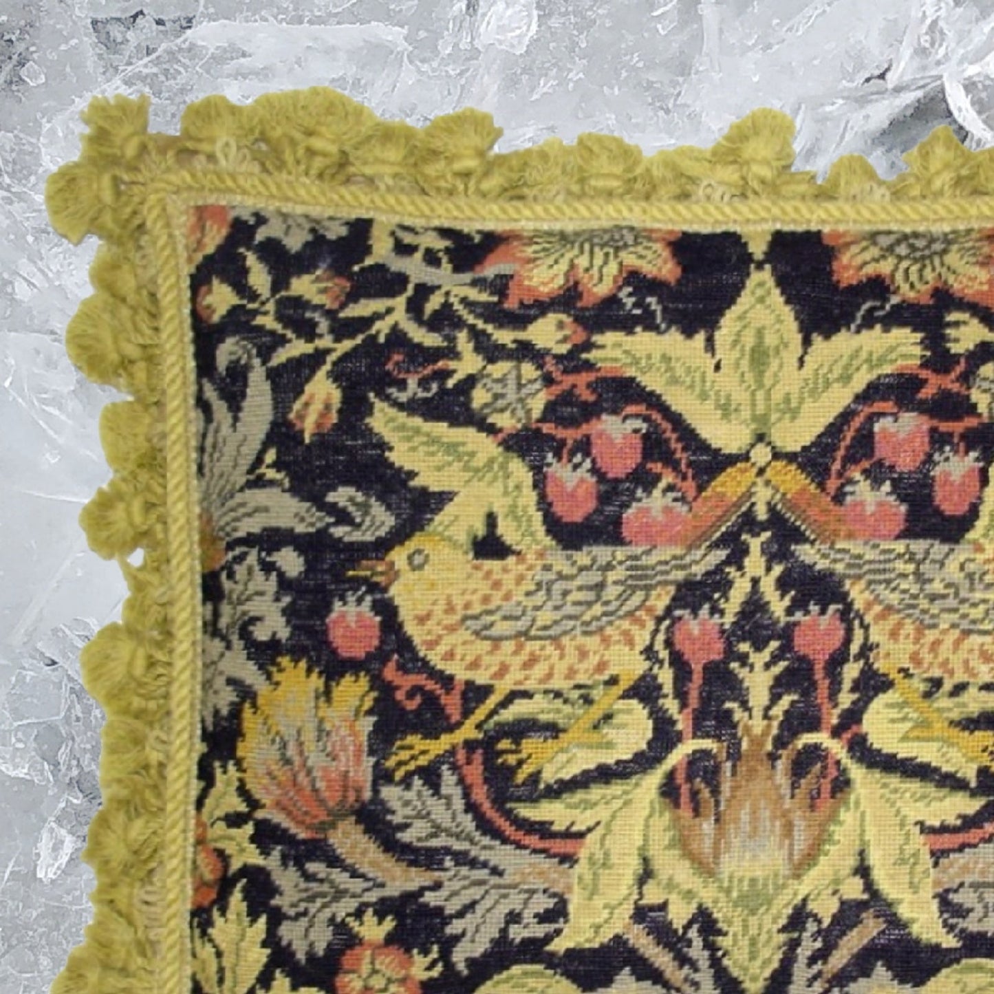 Handmade Wool Needlepoint Pillow Cover - Decorative Throw Cushion Cover - Vintage Floral Embroidery Design William Moris Design 2 yellow birds dark navy background gold tassels