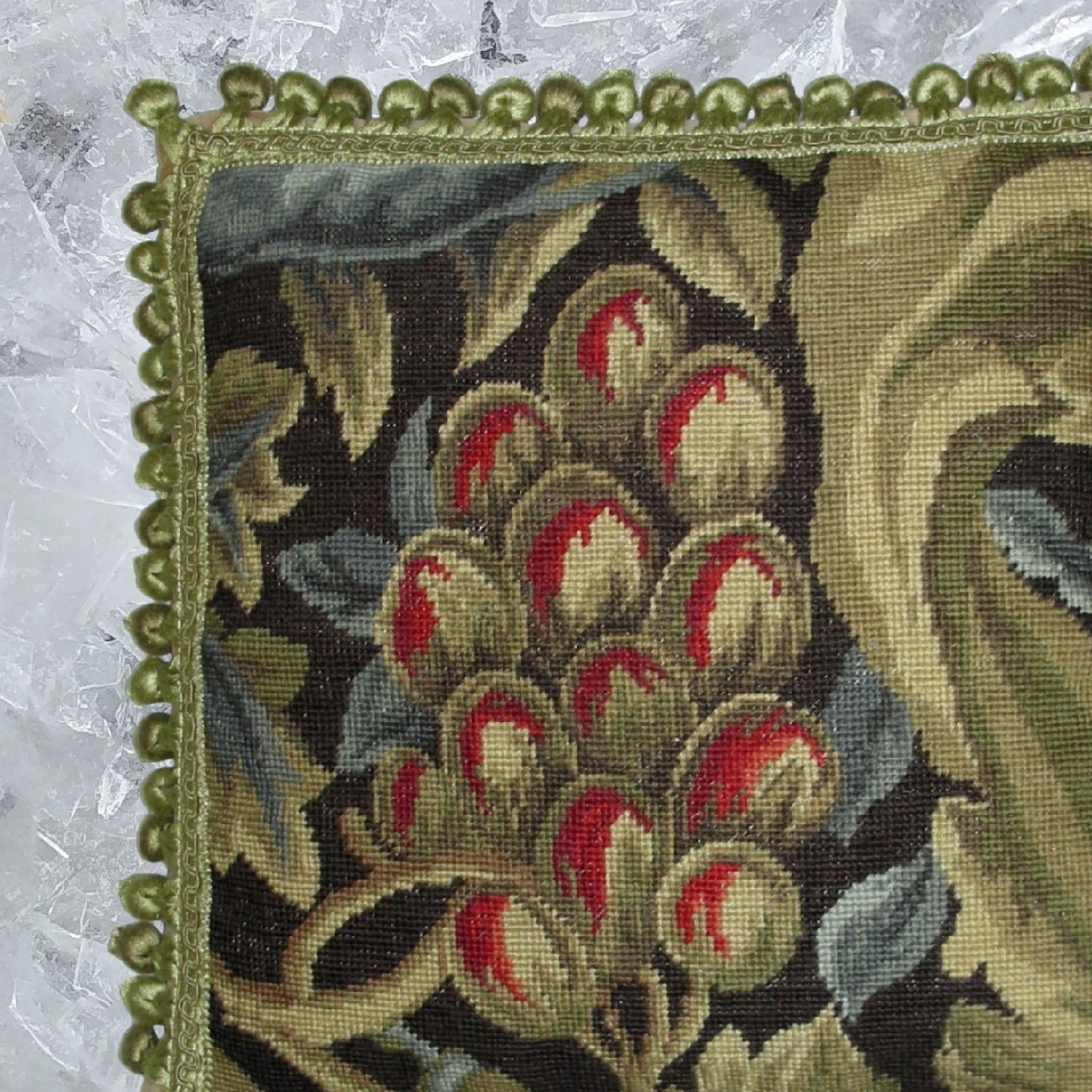 Handmade Wool Needlepoint Pillow Cover - Decorative Throw Cushion Cover - Vintage Floral Embroidery Design William Morris red fruit with tassels