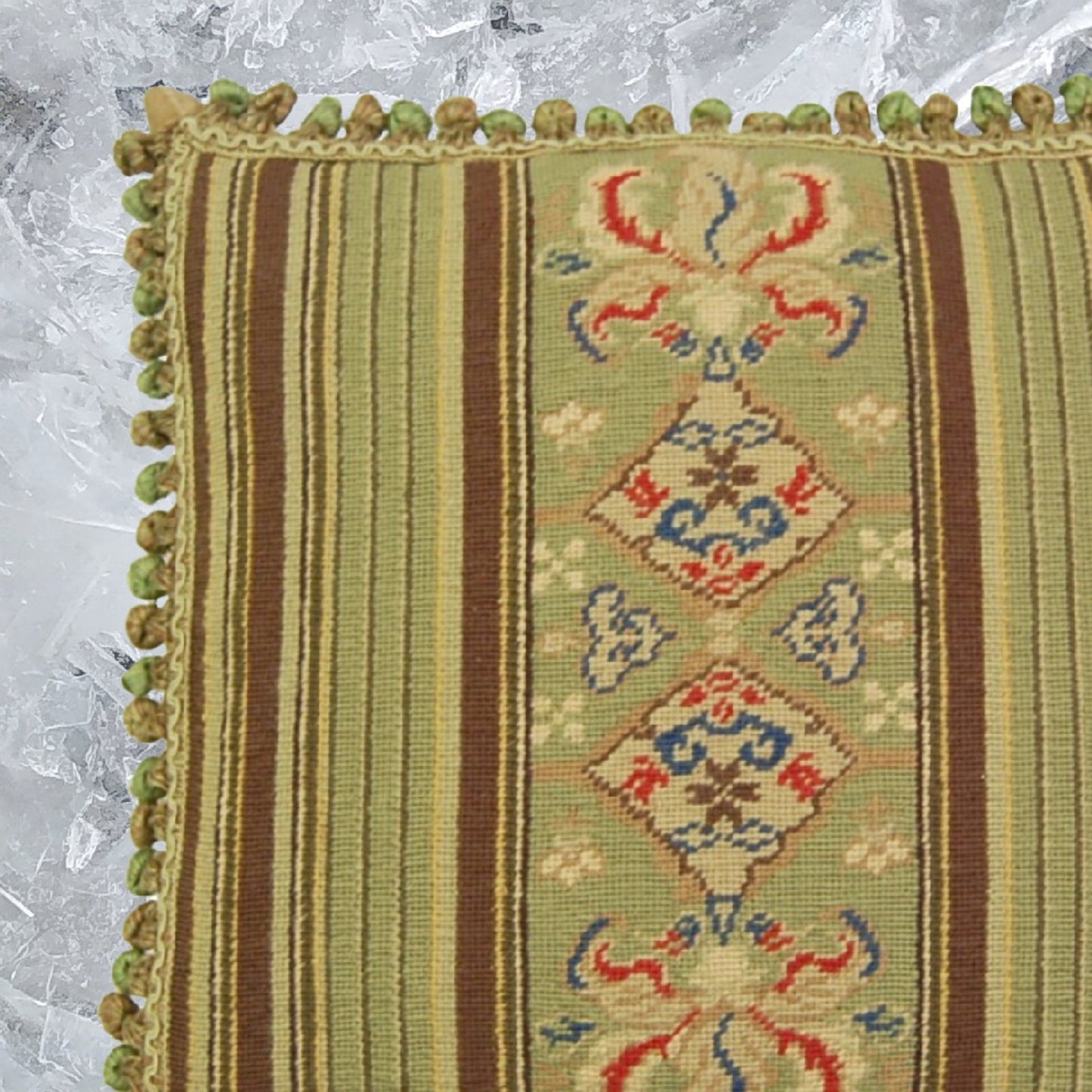 Handmade Wool Needlepoint Pillow Cover - Decorative Throw Cushion Cover - Vintage Floral Embroidery Design green/brown patten with lager patten center with 3 color tassels