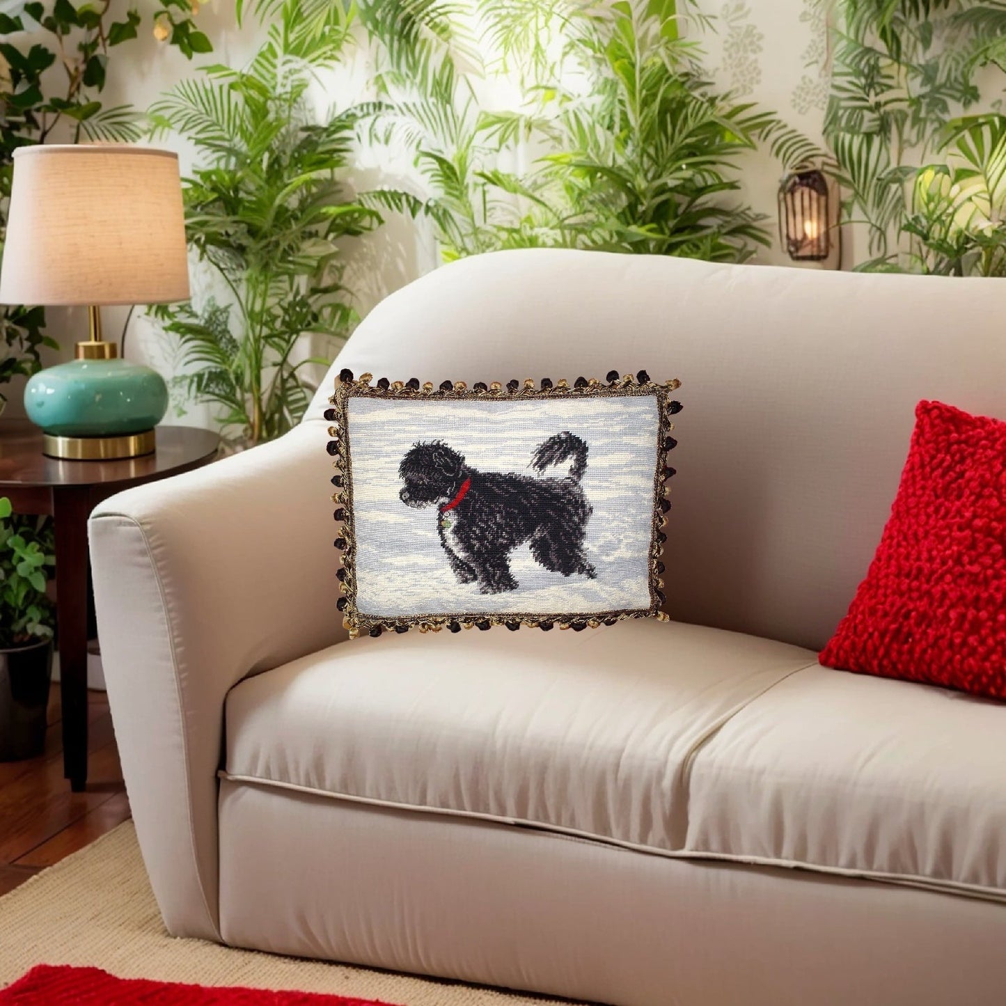 Handmade Wool Needlepoint Pillow Cover - Decorative Throw Cushion Cover - Vintage Floral Embroidery Design on WaterSpaniels face others 2 color tassels