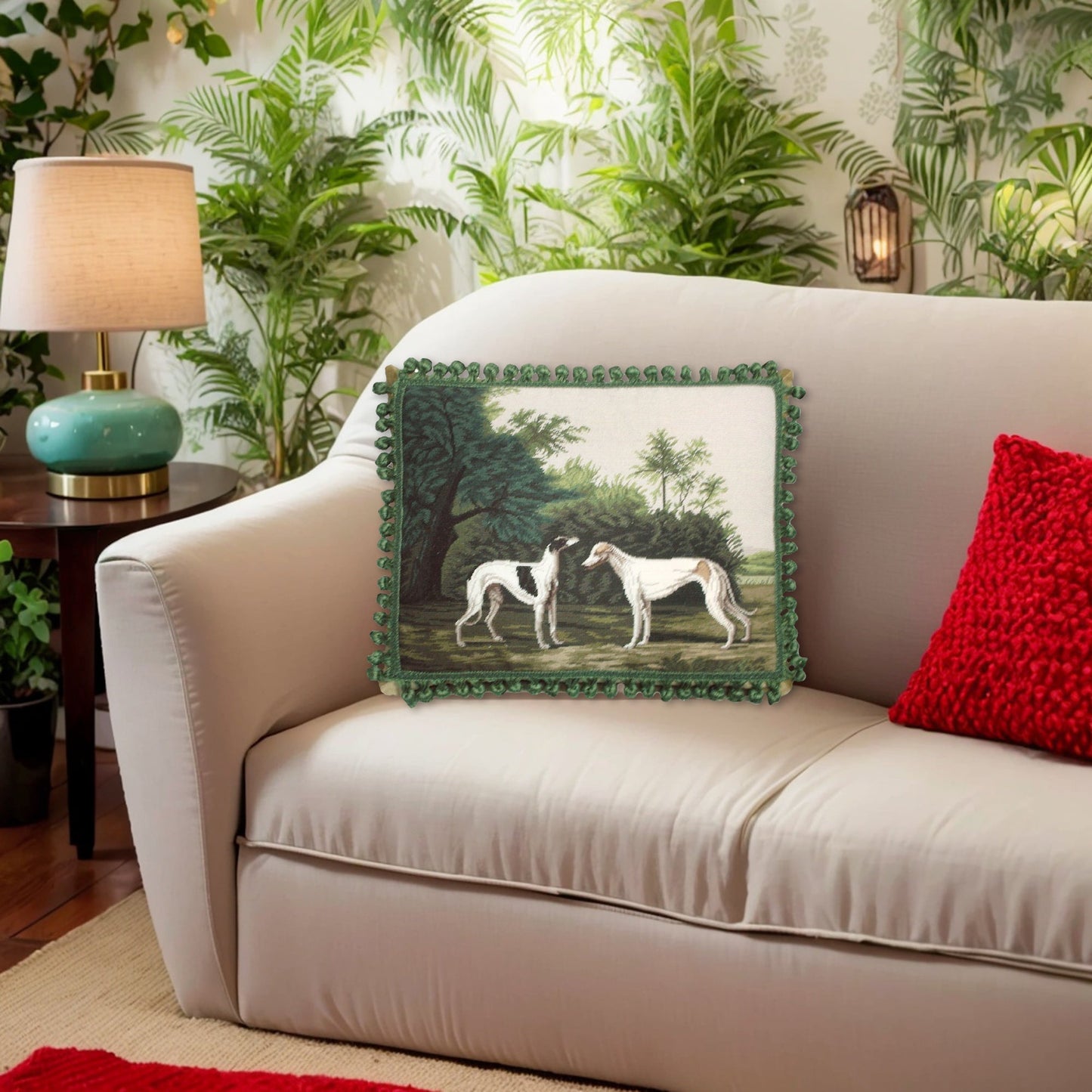 Handmade Wool Needlepoint Pillow Cover - Decorative Throw Cushion Cover - Vintage Floral Embroidery Design  2 Greyhound with tassels