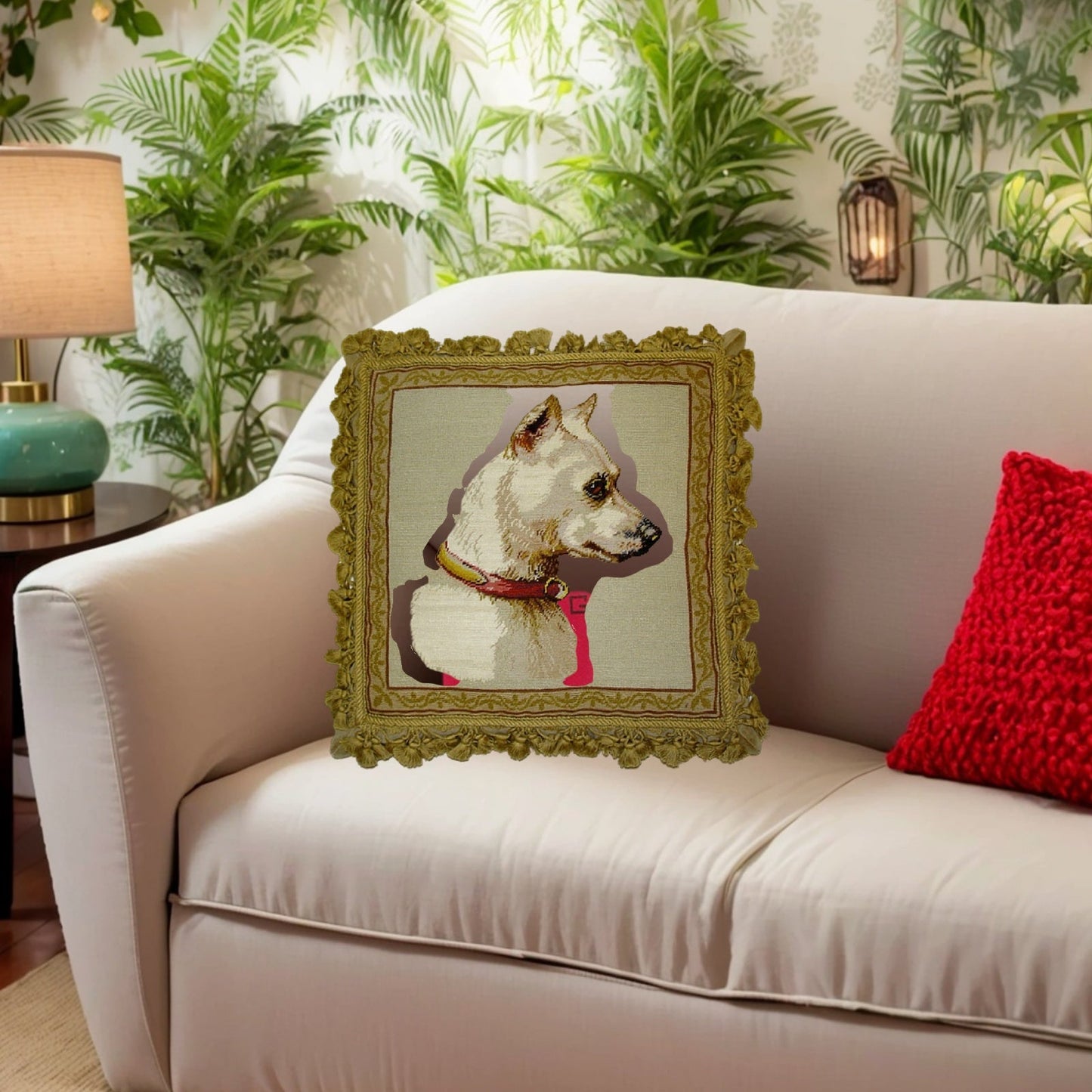 Handmade Wool Needlepoint Pillow Cover - Decorative Throw Cushion Cover - Vintage Floral Embroidery Design  Bull Terrie Light with sand nature tassel