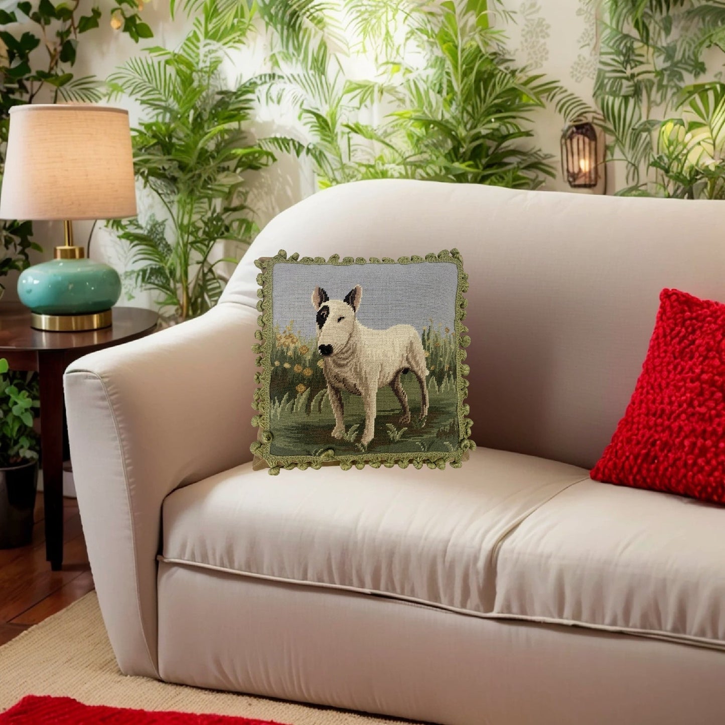 Handmade Wool Needlepoint Pillow Cover - Decorative Throw Cushion Cover - Vintage Floral Embroidery Design bullseyes dog with tassels